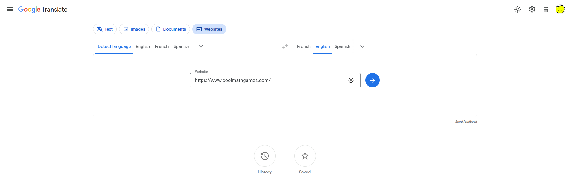 Image 3: Translate from "Detect language" to English, and https://www.coolmathgames.com/ in the Website field